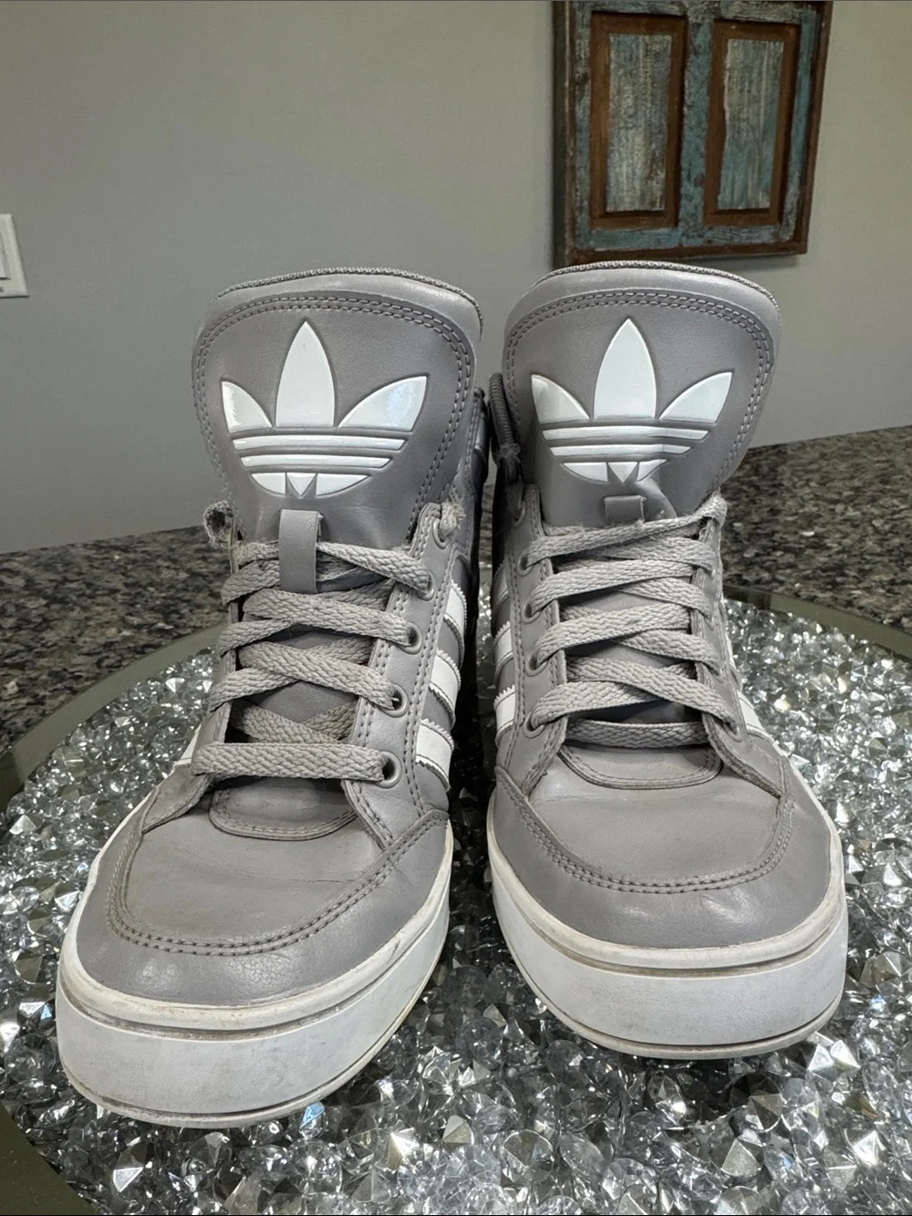 adidas Gray and White high Top Sneakers with Trefoil Logo EUC